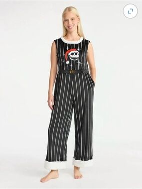 Disney Black Pinstripe Sleeveless Jumpsuit with Red Santa Graphic